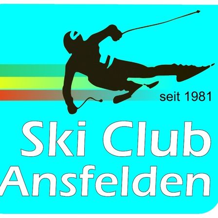 Logo für Ski Club Ansfelden. Eine Silhouette eines Skifahrers in Bewegung mit einem lebhaften Hintergrund, der die Gründung des Clubs seit 1981 zeigt.