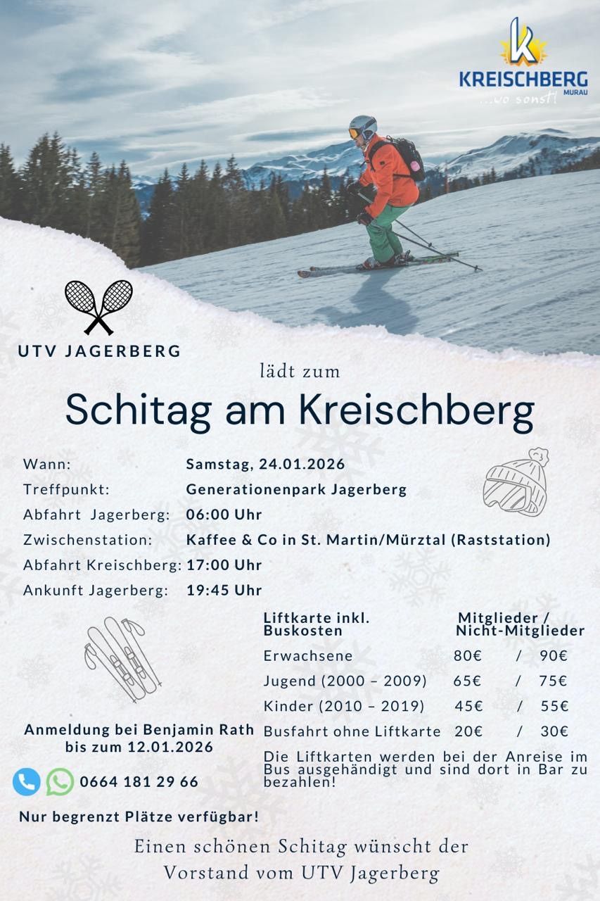Einladung zum Skifahren am Kreischberg am Samstag, 24.01.2026. Abfahrt von Generationspark Jagerberg um 6:00 Uhr, mit Halt bei Kaffee & Co in St. Martin/Mürztal. Ankunft am Kreischberg um 17:00 Uhr und Rückkehr nach Jagerberg um 19:45 Uhr. Die Liftkarte beinhaltet Skifahren und Busfahrten.