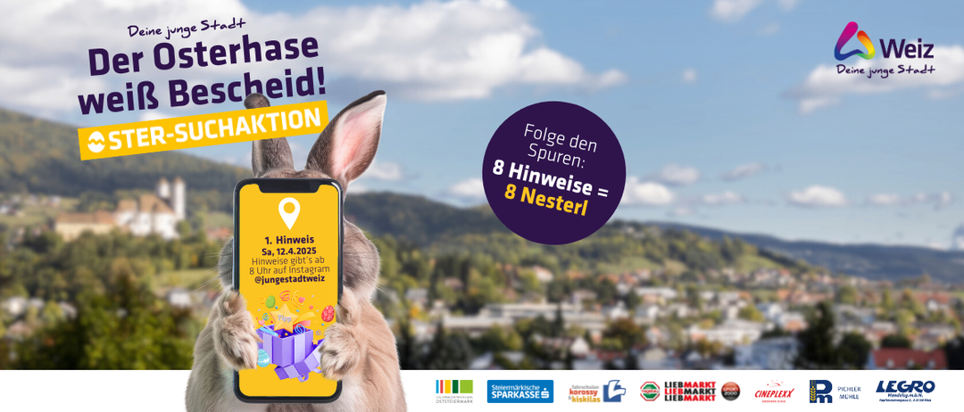 Ein Hase hält ein Telefon mit einem Osterei darauf. Der Text auf dem Telefon lautet 'Folge den Spuren: 8 Hinweise = 8 Nester'. Ein Stadtbild ist im Hintergrund zu sehen.