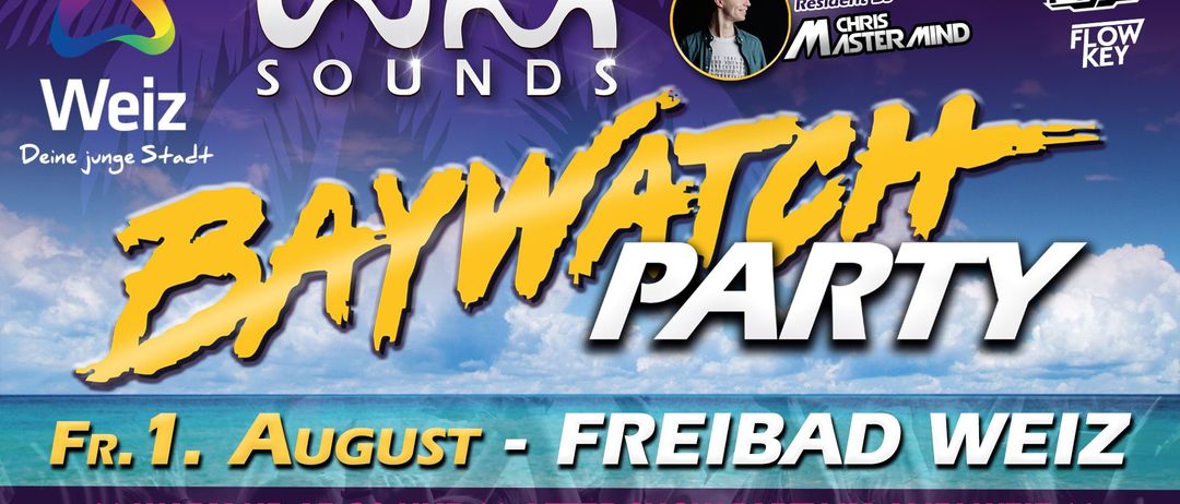 Plakat für eine Strandparty mit DJ Chris Masterman. Es steht 'Daywatch Party' und 'August - Freibad'. Es öffnet um 20:00 Uhr. Eintritt ab 14 Jahren mit Ausweiskontrolle.