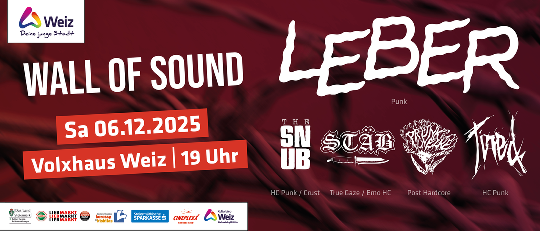 Plakat für Lee Sound Event. Datum 2025, Zeit 19:00. Logos für SN UB, Star, HC Punk/Crust, True Gaze/Emo HC. Logos für Markische Kassse, Cineplexx, Kulturburo Weiz.