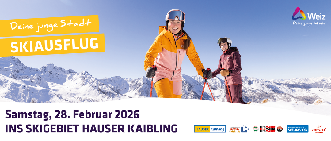 Zwei Frauen stehen in einem verschneiten Berggebiet, bekleidet mit Winterkleidung. Eine Frau lächelt und die andere hat Skibrillen auf. Das Bild hat eine Textüberlagerung mit 'Hauser Kaibling' und 'Februar 2026'.