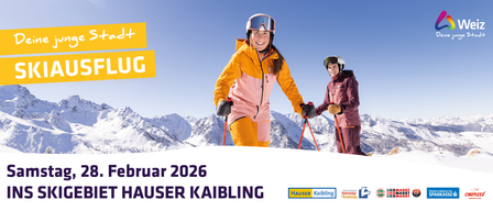 Zwei Frauen stehen in einem verschneiten Berggebiet, bekleidet mit Winterkleidung. Eine Frau lächelt und die andere hat Skibrillen auf. Das Bild hat eine Textüberlagerung mit 'Hauser Kaibling' und 'Februar 2026'.