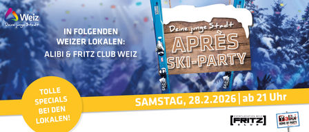 An advertisement for a ski event features a ski and a wooden sign reading 'Aprilz Club Weiz Ski-Party' with a blurry mountain background. Date: Saturday, February 28.
