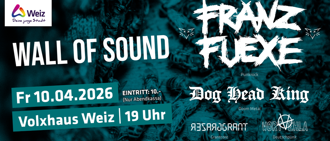Plakat für die FR FUND Veranstaltung am 26. Eintritt um 10 Uhr, nur über Abendkasse. Hundeveranstaltung um 19 Uhr. Grantcore.