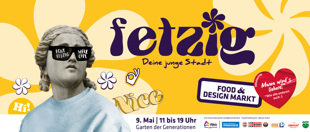 Fetzi, eine Stadtveranstaltung am 9. Mai von 11 bis 19 Uhr, lädt Sie in den Garten der Generationen ein. Merkmale umfassen das Logo, Blumen und ein Schild mit der Aufschrift 'F DESIGN'.