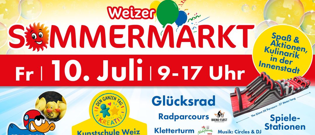 Weizer Sommermarkt am 10. Juli von 9-17 Uhr. Mit Kunstschule für Kinder, Kletterwand, Radparcours und Musik. Verschiedene Stände und Aktivitäten sind verfügbar.