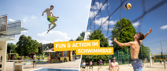 Ein Mann springt in ein Schwimmbad, während andere schwimmen und Volleyball auf einem öffentlichen Schwimmbad spielen.