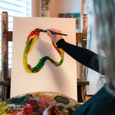 Eine Frau malt ein farbenfrohes abstraktes Design auf eine Leinwand mit einem Pinsel. Sie hält eine Palette mit verschiedenen Farben.