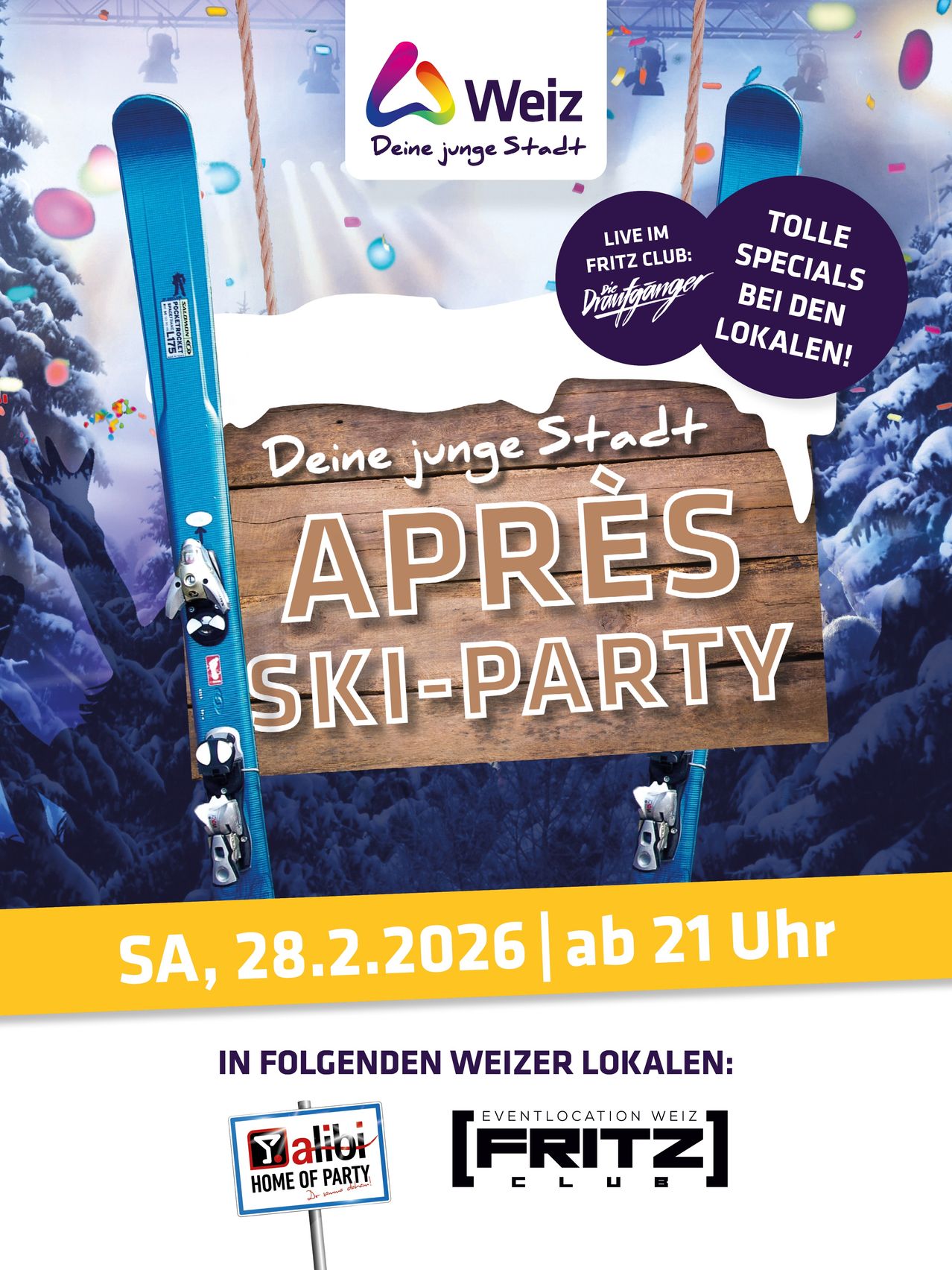 Ein Plakat für eine Ski-Party in einer jungen Stadt, geplant für den 28. Februar 2026, ab 21 Uhr. Es zeigt Skier, verschneite Berge und ein Holzschild.