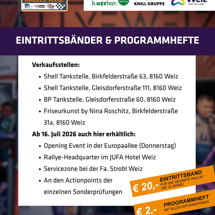 A document with information about sales locations and an upcoming event on July 16, 2026, including details about the opening event, rally headquarters, and service zones.