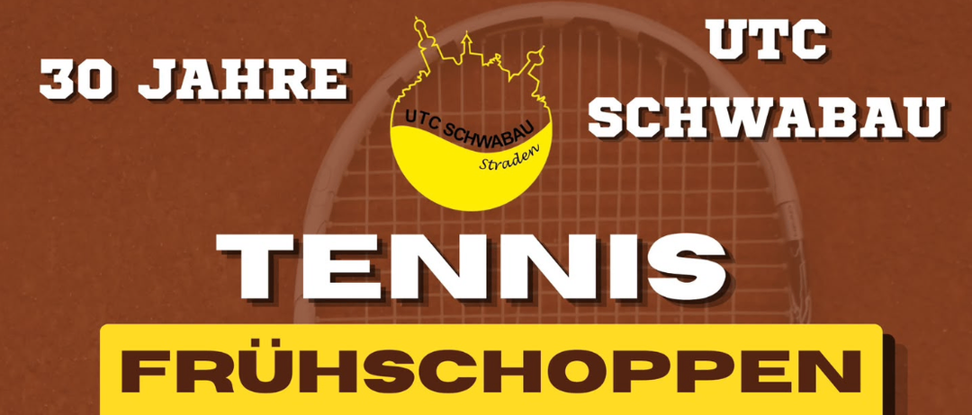 Plakat für Tennis Fruhschoppen-Veranstaltung am 6. September 2026. Beinhaltet einen Zeitplan mit Aktivitäten wie Frühstück mit Finale, Kinder-Tenniscamp und großer Verlust. Beinhaltet einen goldenen Pokal und verschiedene Annehmlichkeiten.