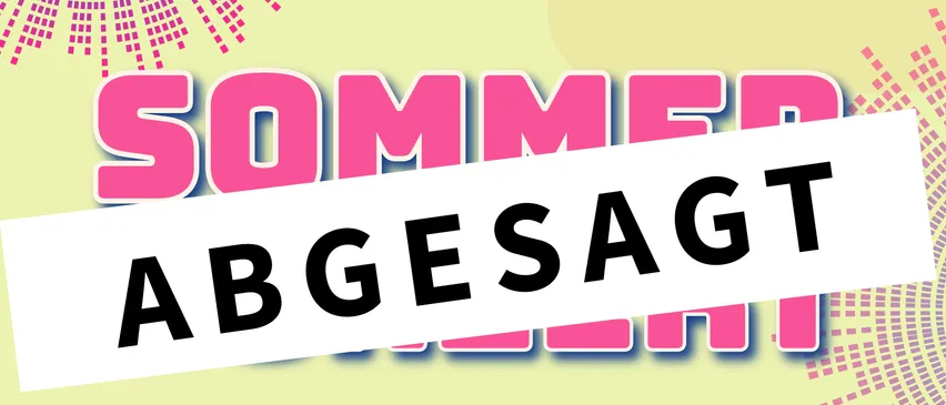 Ein Plakat für Sommer Abgesagt, ein Musikfestival in Liebech. Es zeigt ein farbenfrohes Design mit pinken, blauen und gelben Mustern. Das Event findet am Freitag, dem 13., um 18:00 Uhr statt.
