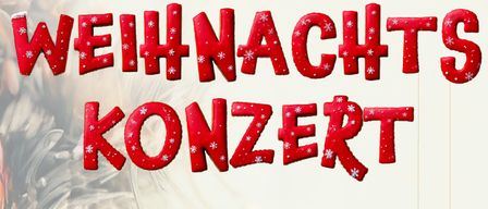 Ein Plakat für ein Weihnachtskonzert am 18. Dezember 2025 um 18:00 Uhr. Es zeigt Weihnachtsbaumdekoration, Ornamente und Musiknoten.