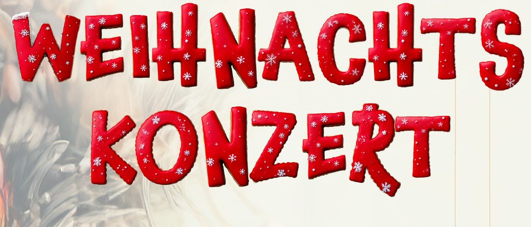 Ein Plakat für ein Weihnachtskonzert am 18. Dezember 2025 um 18:00 Uhr. Es zeigt Weihnachtsbaumdekoration, Ornamente und Musiknoten.