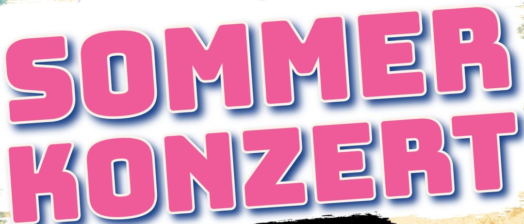 Poster für ein Sommermusikfestival mit Musikersilhouetten, die Instrumente spielen, und einer Sängerin auf der Bühne mit Musiknoten. Der Text lautet 'SOMMERKONZERT' und 'SOMMER TRIFFT MUSIK'. Die Veranstaltung findet am Donnerstag um 18:00 Uhr statt.