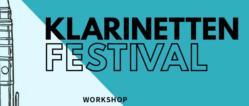 Ein Werbeplakat für das Klarinetten Festival mit einer Klarinettenzeichnung, Veranstaltungsdetails und Logos der beteiligten Institutionen.