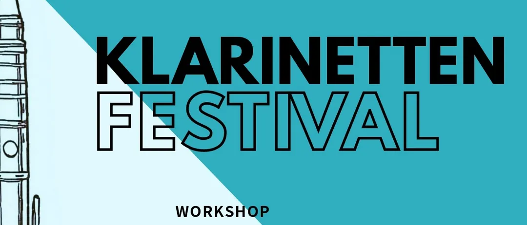 Ein Werbeplakat für das Klarinetten Festival mit einer Klarinettenzeichnung, Veranstaltungsdetails und Logos der beteiligten Institutionen.