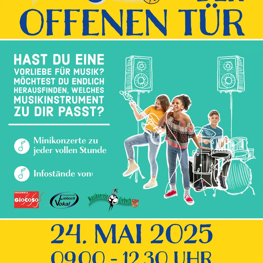Plakat für eine Veranstaltung namens 'Offenen Tur'. Es zeigt drei Kinder, die Musikinstrumente spielen. Das Datum ist der 24. Mai 2025, von 9:00 bis 12:30 Uhr. Die Veranstaltung bietet Mini-Konzerte jede volle Stunde an.