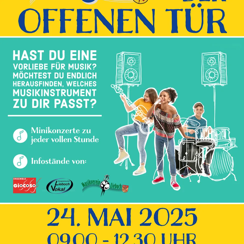 Plakat für eine Veranstaltung namens 'Offenen Tur'. Es zeigt drei Kinder, die Musikinstrumente spielen. Das Datum ist der 24. Mai 2025, von 9:00 bis 12:30 Uhr. Die Veranstaltung bietet Mini-Konzerte jede volle Stunde an.