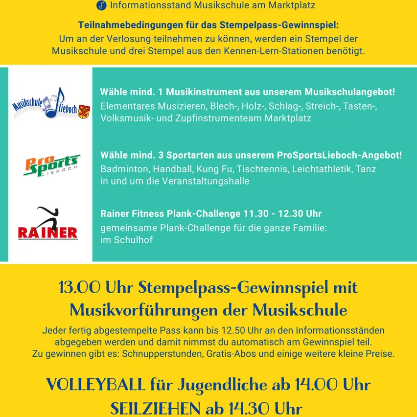 Das Plakat kündigt ein Stempelpass-Gewinnspiel an, das Musikvorführungen, eine Volleyball-Veranstaltung und eine Familien-Fitness-Plank-Challenge bietet. Es kann ein Musikinstrument aus dem Angebot der Musikschule gewählt werden. Die Veranstaltung umfasst Musikunterricht, Blas-, Streich-, Percussion-, Volksmusik- und Blechbläserensemble Marktplatz.