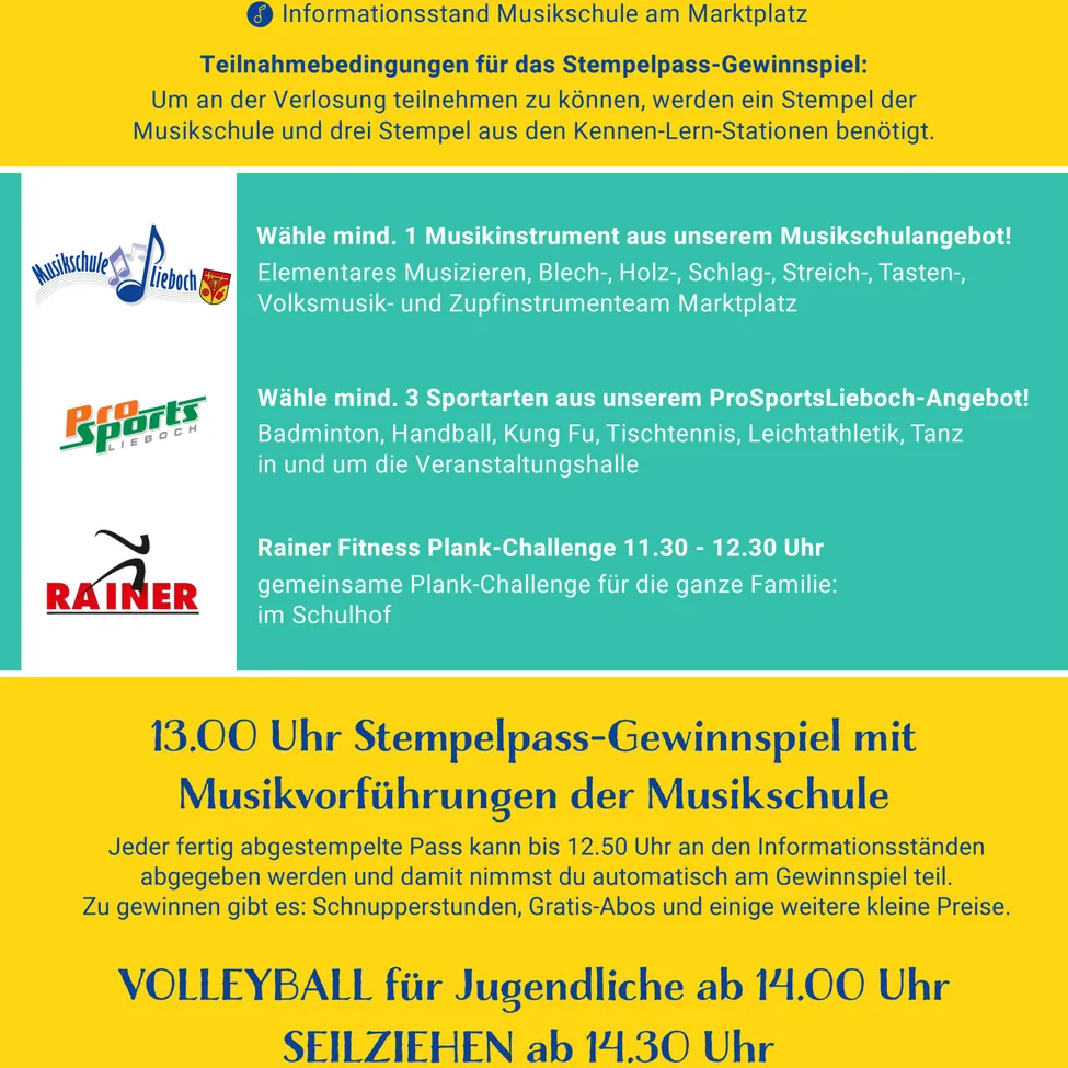 Das Plakat kündigt ein Stempelpass-Gewinnspiel an, das Musikvorführungen, eine Volleyball-Veranstaltung und eine Familien-Fitness-Plank-Challenge bietet. Es kann ein Musikinstrument aus dem Angebot der Musikschule gewählt werden. Die Veranstaltung umfasst Musikunterricht, Blas-, Streich-, Percussion-, Volksmusik- und Blechbläserensemble Marktplatz.