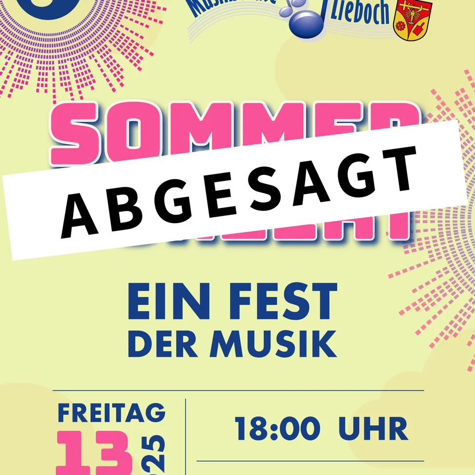 Ein Plakat für ein Musikfestival auf Deutsch. Es steht 'Sommer Abgesagt', 'Ein Fest der Musik'. Datum: Freitag, 13. Zeit: 18:00 Uhr.