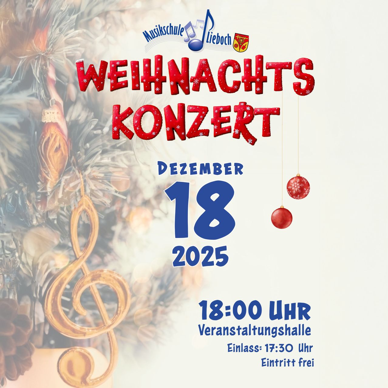 Plakat für ein Weihnachtskonzert am 18. Dezember 2025. Beginn um 18:00 Uhr. Der Eintritt ist frei.