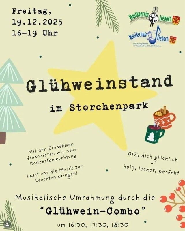 Ein Plakat für eine musikalische Veranstaltung mit einem leuchtenden Stern und weihnachtlichen Elementen. Es steht 'Glühweinstand im Storchenbachpark' mit Angaben zu Datum, Uhrzeit und festlicher Musikaufführung.