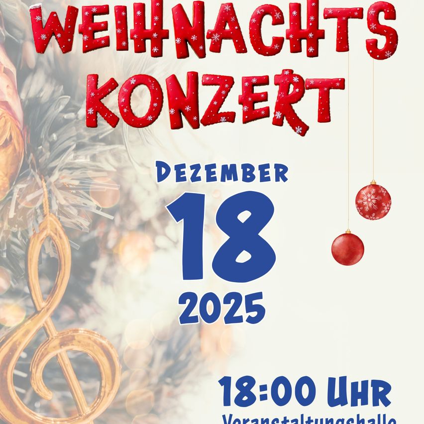 Eine Werbung für ein Weihnachtskonzert am 18. Dezember 2025 um 18:00 Uhr. Es zeigt einen Weihnachtsbaum mit Ornamenten und einer musikalischen Note.