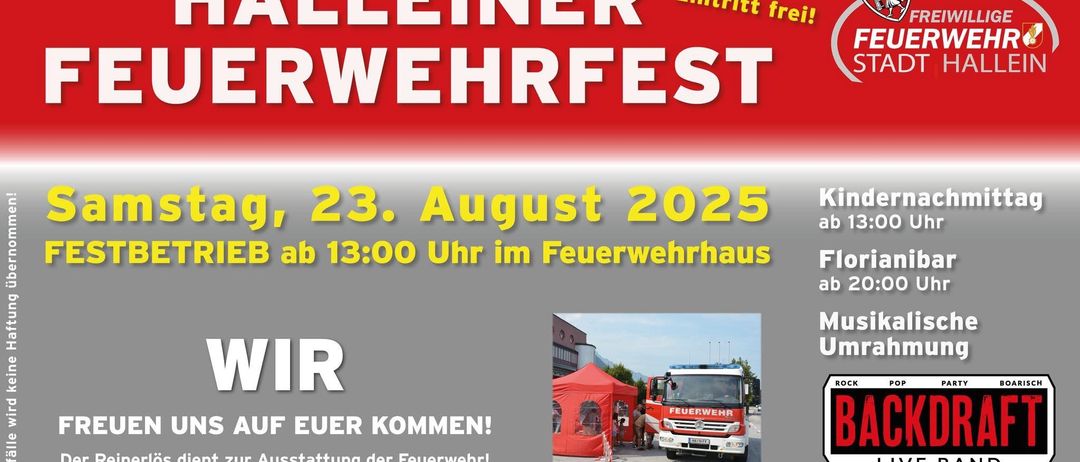 Plakat für das Alleiner Wehrwehrfest, Eintritt frei. Die Veranstaltung findet am 23. August 2025 ab 13:00 Uhr im Feuerwehrhaus statt. Ein Feuerwehrauto ist vor einem Zelt ausgestellt.