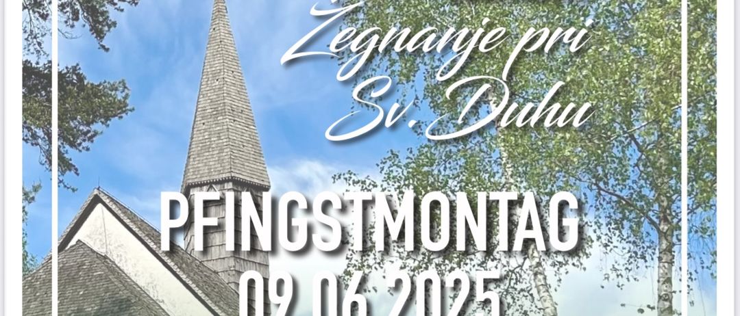 Plakat für den Heiligen Geist Kirchtag in Ebendorf mit einer Kirche, einem Kirchturm, Bäumen und einem klaren blauen Himmel. Das Datum ist der 9. Juni 2025.