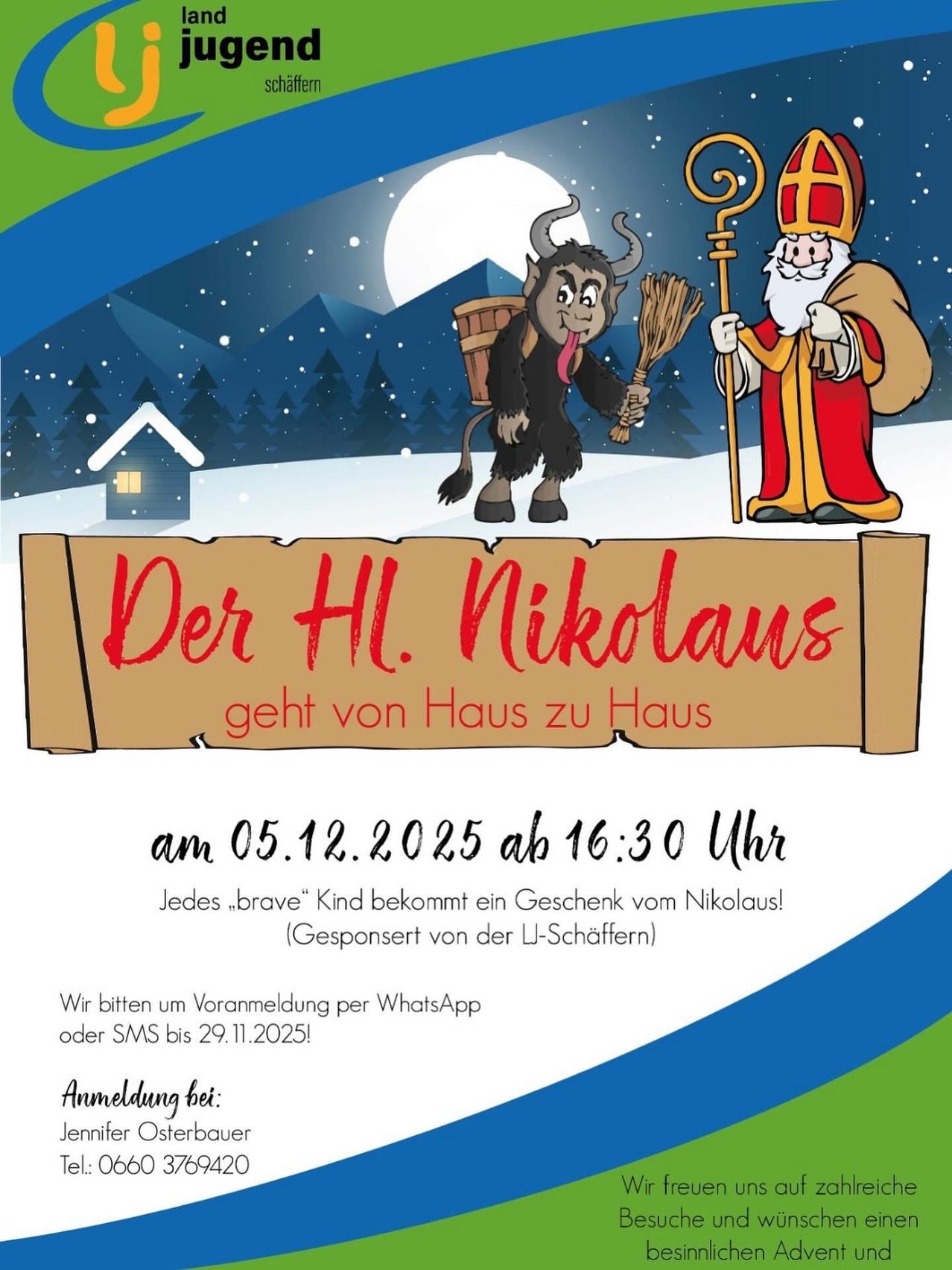 Plakat mit dem Hl. Nikolaus und seinem Helfer, dem Krampus, besucht Häuser am 05.12.2025 um 16:30 Uhr. Jedes 'mutige' Kind erhält ein Geschenk von Nikolaus. Anmeldung per WhatsApp oder SMS bis 29.11.2025.