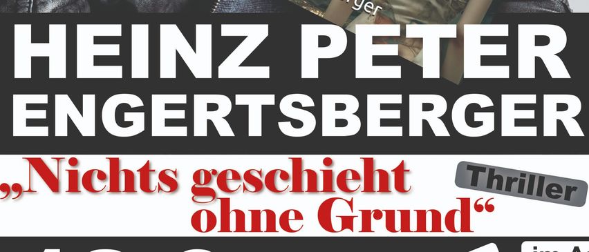 Ein Buchcover mit einem Mann in einer Lederjacke, einer Brille und einem Bart. Der Buchtitel lautet 'Nichts geschieht ohne Grund'.