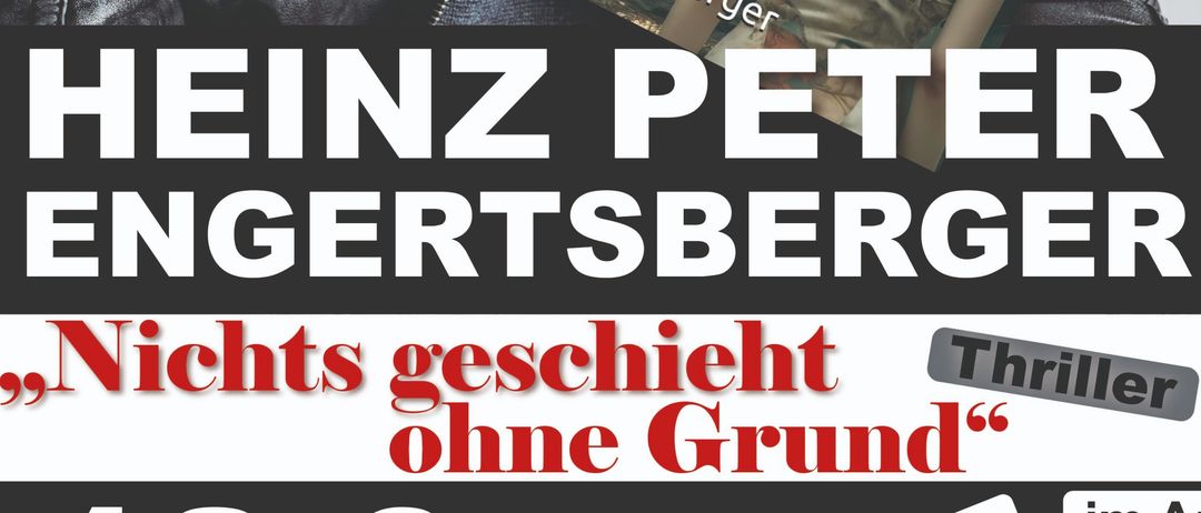 Ein Buchcover mit einem Mann in einer Lederjacke, einer Brille und einem Bart. Der Buchtitel lautet 'Nichts geschieht ohne Grund'.