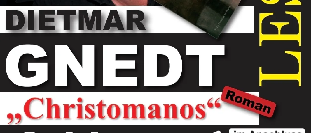 Ein Poster mit einem Mann mit weißen Haaren und einer Brille, der lächelt. Das Poster bewirbt eine Veranstaltung mit dem Titel 'Lesewelt' und dem Namen 'Dietmar Gnedt'.