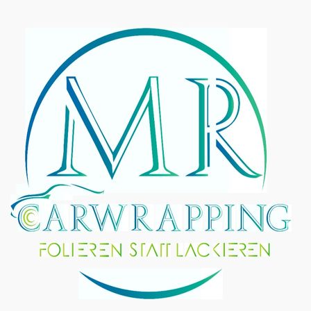 Logo für MR Car Wrapping mit einem Kreis, blauen und grünen Farben und dem Text Car Wrapping Folieren Statt Lackieren in der Mitte.