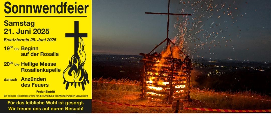 Ein Lagerfeuer brennt hell mit einem Kreuz oben. Die Szene ist von einer Absperrung umgeben. Ein gelbes Schild mit der Aufschrift 'Rosalia dfeuer'.