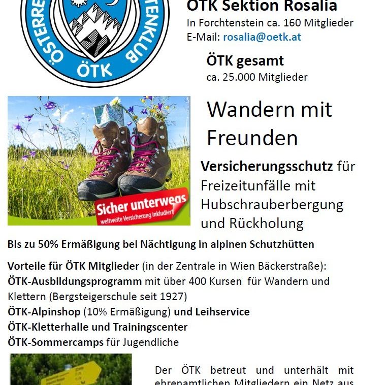 Ein Werbeplakat für die ÖTK-Sektion Rosalia in Forchtenstein, Österreich. Merkmale umfassen Ermäßigungen für Wanderungen, Versicherungsschutz und verschiedene Outdoor-Aktivitäten und Programme.
