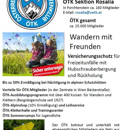 Ein Werbeplakat für die ÖTK-Sektion Rosalia in Forchtenstein, Österreich. Merkmale umfassen Ermäßigungen für Wanderungen, Versicherungsschutz und verschiedene Outdoor-Aktivitäten und Programme.