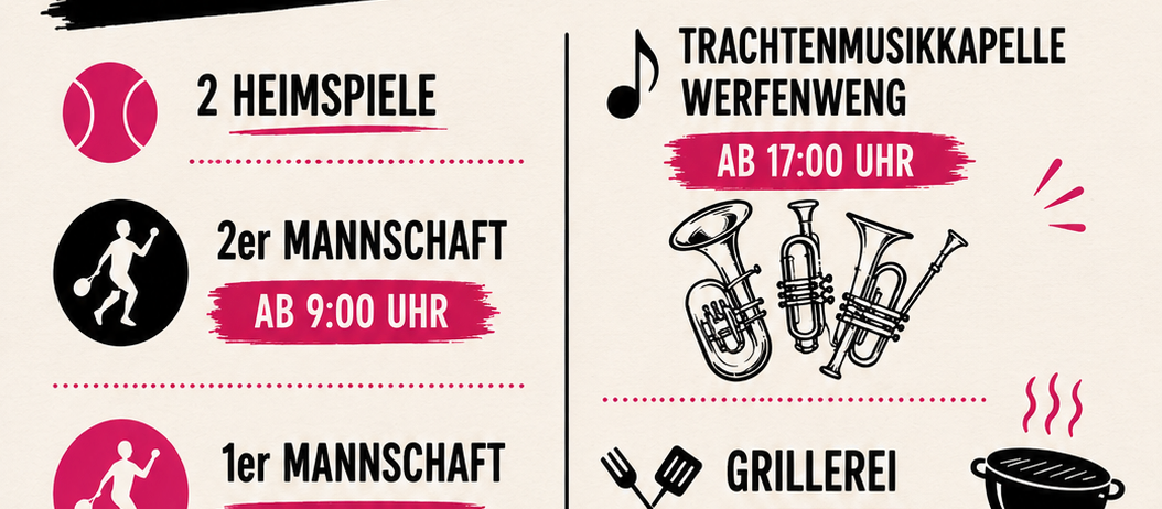 Plakat für die Werfer Sunnwend-Veranstaltung am 20. Juni. Beinhaltet zwei Tennisspiele, Blasmusik und Grillpartys. Die Veranstaltung beginnt um 9:00 Uhr, Grillpartys finden um 17:00 Uhr statt. Ein Lagerfeuer ist für 22:00 Uhr geplant.