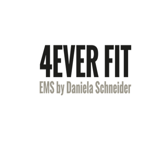 Das 4ever Fit EMS Logo, mit fetter schwarzem Text auf weißem Hintergrund, steht für '4ever Fit EMS von Daniela Schneider'.