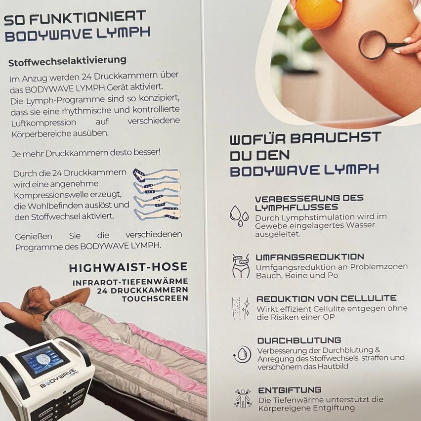 Eine Werbung für das Bodywave Lymph Gerät, das zeigt, wie eine Person auf einem Bett liegt, mit dem Gerät auf den Beinen, und die Vorteile für den Lymphfluss, Fettreduktion, Cellulite-Reduktion und verbesserte Durchblutung hervorhebt.