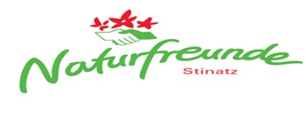 Das Logo für Naturfreunde Stinatz zeigt zwei Hände, die eine rote Blume halten, mit dem Text 'Naturfreunde Stinatz' darunter, auf einem weißen Hintergrund.