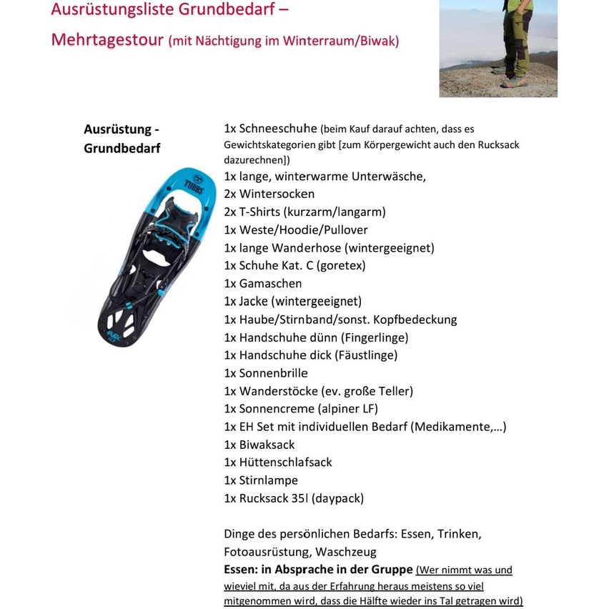 Eine Liste der Ausrüstungsbedürfnisse für eine mehrtägige Winterwanderung, einschließlich Schneeschuhe, Winterkleidung und persönliche Gegenstände. Die Liste beschreibt spezifische Artikel und benötigte Mengen für die Reise.