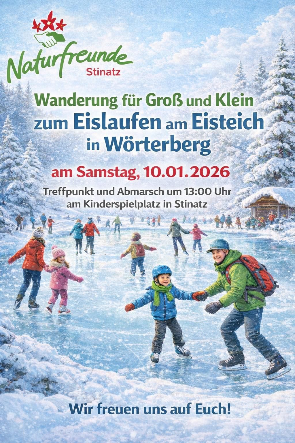 Plakat für eine Eislaufveranstaltung in Worterberg. Es zeigt Menschen beim Eislaufen, mit besonderem Fokus auf einer Familie mit zwei Jungen. Das Plakat enthält das Datum 10.01.2026 und einen Treffpunkt am Kinderspielplatz in Stinatz.
