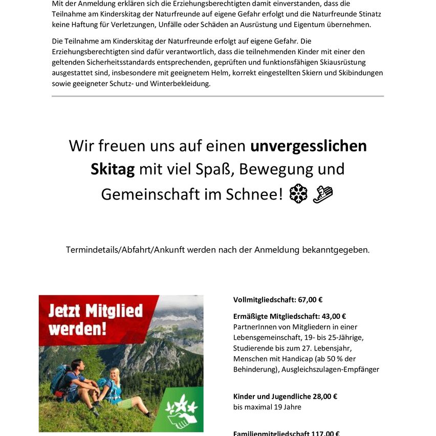 Das Bild zeigt ein Flugblatt für eine Skiveranstaltung. Es enthält Informationen über Mitgliedsbeiträge, Termine und Kontaktdaten. Es gibt Bilder von Skifahrern auf einem verschneiten Berg und einen Aufruf zur Mitgliedschaft.