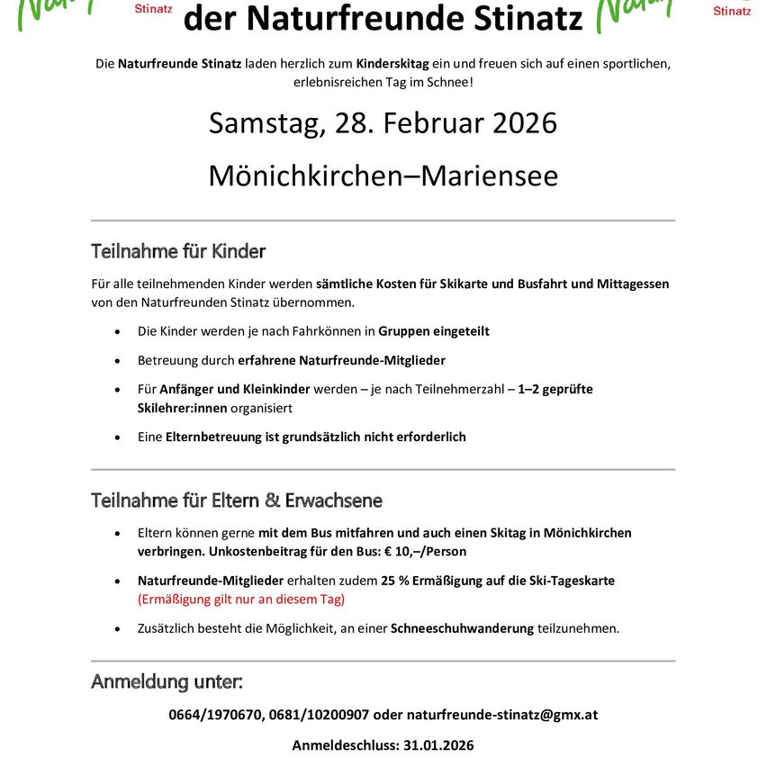 Ein Ereignis für Kinder von Naturfreunde Stinaz am Samstag, 28. Februar 2026. Kosten für Skipass, Transport und Mittagessen für alle Kinder abgedeckt. Nach Alter gruppiert mit erfahrenen Führern. Keine Notwendigkeit für elterliche Begleitung.