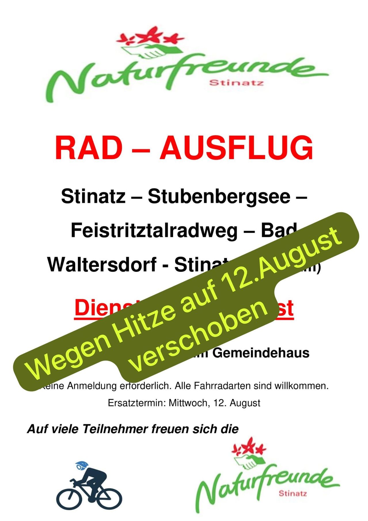 Plakat für eine Fahrradtour-Veranstaltung in Stinatz, Österreich, geplant für den 12. August. Es wird erwähnt, dass eine Anmeldung erforderlich ist und alle Radfahrer willkommen sind. Die Veranstaltung findet im Gemeindehaus statt.