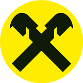 Ein gelber Kreis mit einem schwarzen X-Symbol in der Mitte, gebildet durch zwei sich kreuzende Hämmer.